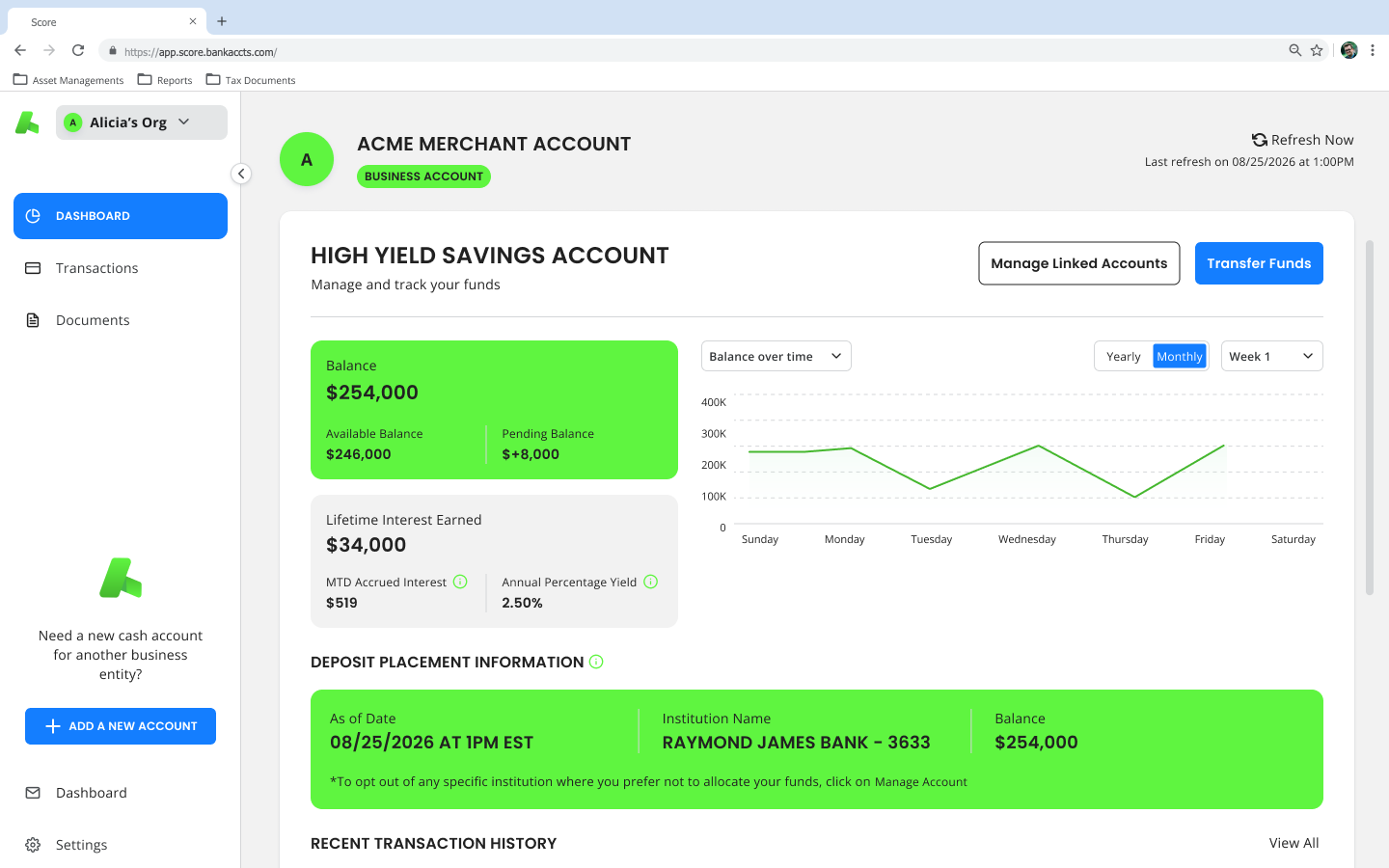 Browser window showing the Score savings account dashboard with account balance, lifetime interest earned, a balance over time chart, deposit placement information and recent transaction history